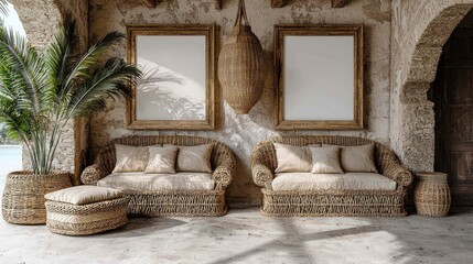 Two wicker couches in rustic, textured setting