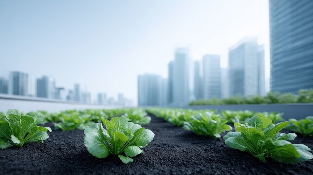 Urban agriculture scene featuring vibrant green lettuce plants growing in rich soil against a backdrop of modern skyscrapers, illustrating sustainable city living and food production - Powered by Adobe