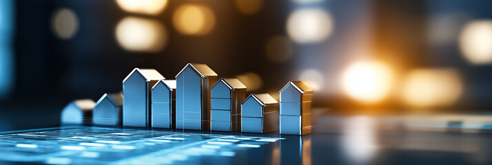 Metal house models line up on illuminated digital tablet suggesting rising values.