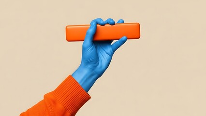 Hand wearing blue glove holding orange bar orange sweater beige background