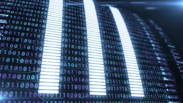 Rows of binary code on a computer screen with blue and purple hues and white light streaks across the screen