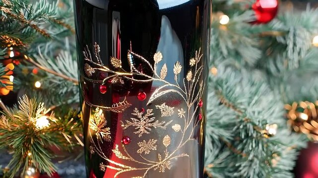 A festive red wine bottle with gold Christmas decorations. Slow zoom on an elegant bottle with snowflakes and fir branches. Holiday celebration and luxury gift concept