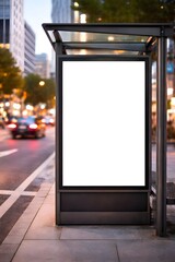 Empty city bus stop billboard mockup at urban street during evening traffic