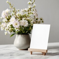 Flowers in vase, blank card on easel on marble surface, soft light