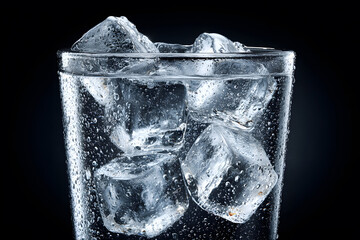 Ice cubes glisten in a glass filled with cold water against a blue background