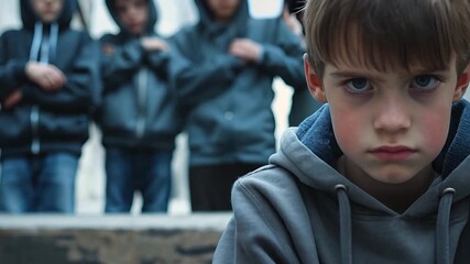 Portrait of a sad boy victimized by bullying. A lonely child stares at the camera with a gang of kids in the background. Childhood conflict and peer pressure concept