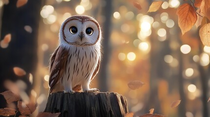 A captivating owl perched on a weathered tree stump set against a blurred autumnal forest background with warm golden light and falling leaves