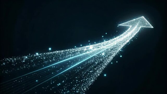 Glowing Neon Arrow Trajectory with Sparkling Stardust Trails on Dark Background Vector Illustration