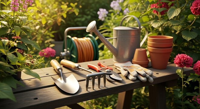 Gardening Tools on Wooden Table Outdoors.