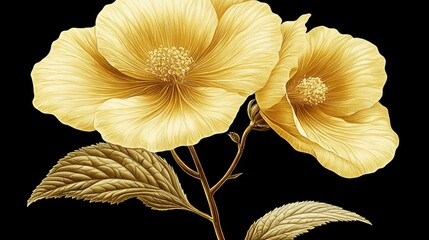 Two yellow flowers with leaves on a black background