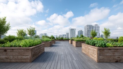 Urban agriculture. Urban rooftop garden featuring wooden planters filled with vibrant greenery, overlooking a modern city skyline, showcasing sustainable urban agriculture practices and eco-friendly 
