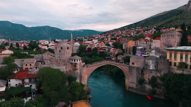 Mostar Medieval Town and Old Bridge aerial view in Bosnia and Herzegovina