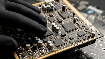Gloved hand touching computer circuit board with black and gold components computer hardware electronic components