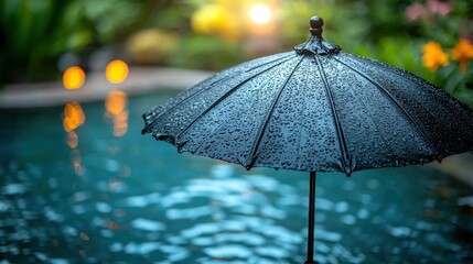 Umbrella by a pool, drops on it. Water reflection