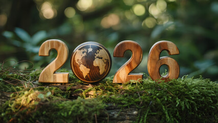 Wooden 2026 year number with globe earth on green mossy log, nature forest background, sustainable future concept, happy new year celebration, eco friendly symbol, blurred bokeh, for calendar, banner.