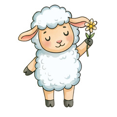 Naklejka premium Cute Cartoon Lamb on a Happy Farm