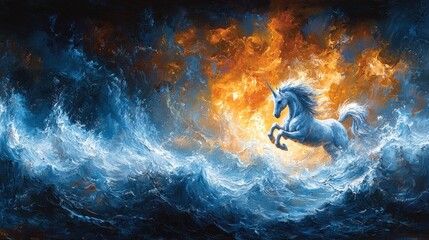 Unicorn leaps above raging waves, light behind