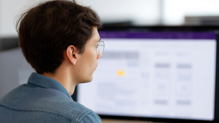 Web designer computer office screen man focus work technology monitor glasses male adult casual modern interface desk worker