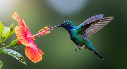 Fototapeta premium A hummingbird hovers near a vibrant orange hibiscus flower in a lush environment feeding on nectar with motion blur.
