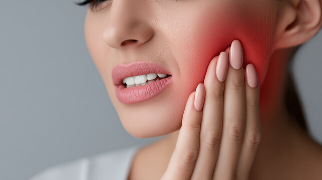 Close-up of woman touching her cheek with visible pain and redness, indicating toothache or jaw pain