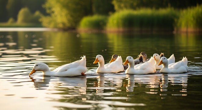 Group of white ducks swimming in lake.