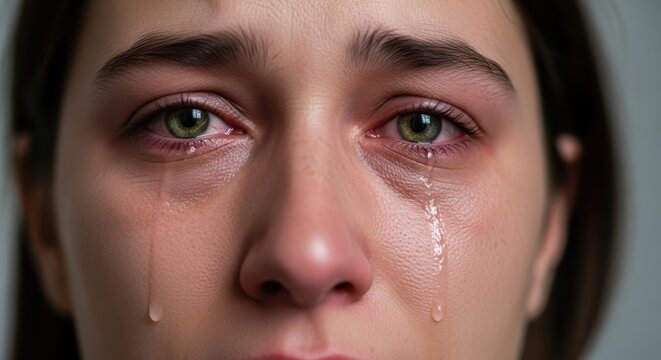 A close-up portrait of a woman crying, showing her tearful eyes and face, with tears streaming down her cheeks.