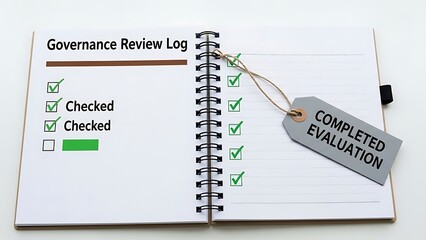 Governance review log notebook with completed evaluation tag checklist green checkmarks