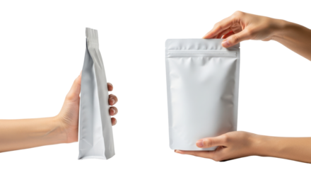 Hands holding white resealable pouches isolated on transparent background
