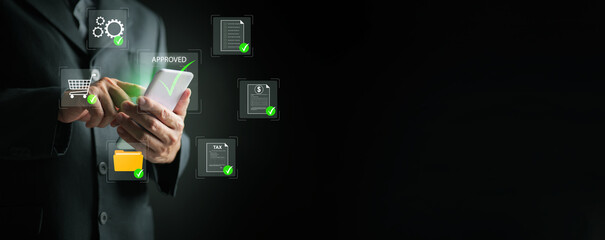 Businessman approves a digital procurement and purchase workflow on a smartphone, with document, tax, folder, and shopping cart icons representing automation, compliance, secure business management.