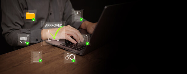 Businessman approves a digital purchase and procurement workflow on a laptop, with shopping cart, document, tax, folder, and process icons representing automation, compliance, approval management.