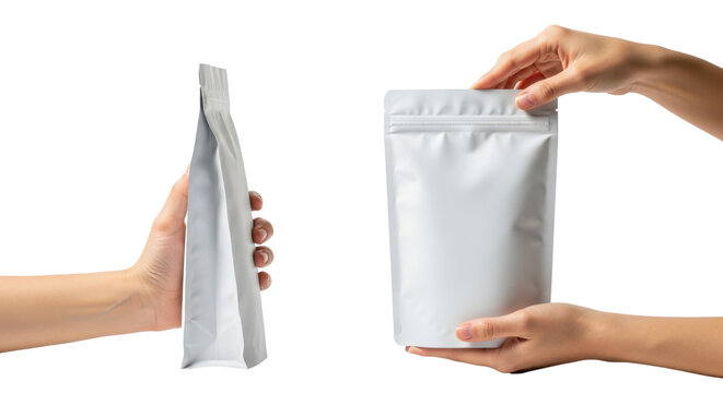 Hands holding white resealable pouches isolated on transparent background