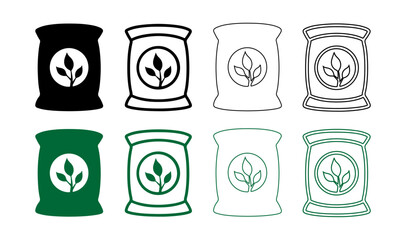 Fertilizer Bag Icon Set with Leaf Symbol Agriculture Packaging Isolated on White Background