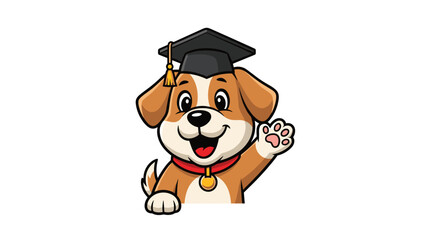 Cartoon Dog in Graduation Cap Waving.