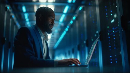 Professional IT Specialist Working on Laptop in Data Center Server Room - Powered by Adobe