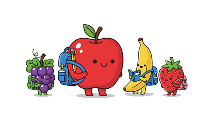 Cartoon Fruits with Backpacks Smiling Faces.