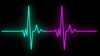 Neon colored heart rate monitor lines on black background with grid pattern