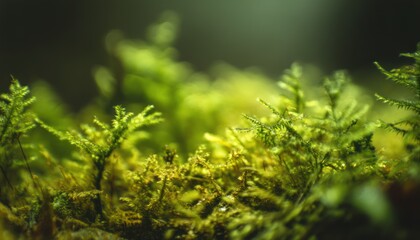 Close up of vibrant green moss with textured leaves and soft lighting
