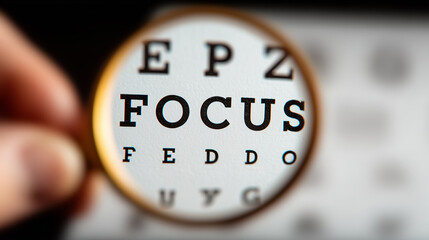 Eye chart with the word FOCUS magnified through a handheld lens, concept of vision clarity and concentration