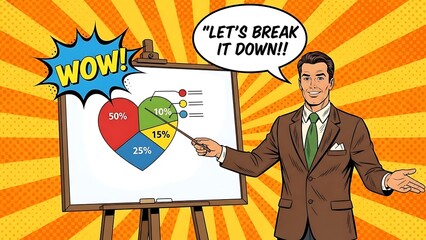 Businessman presenting pie chart on whiteboard with wow and let's break it down speech bubbles presentation