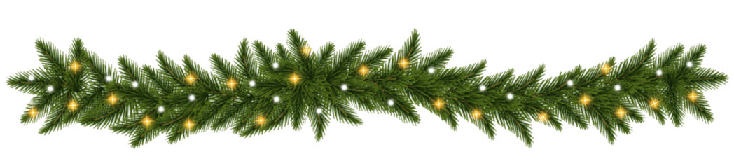 Realistic fir branches decorated with twinkling Christmas lights.