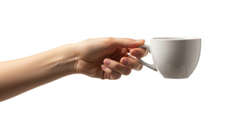 Person holding a white coffee cup isolated on transparent background