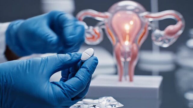 Gloved hands holding a birth control pill and blister pack with a model of female reproductive system in background