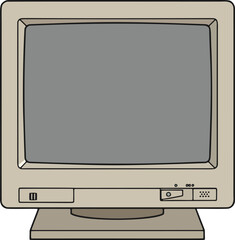 Hand-drawn illustration of a vintage CRT computer monitor. Retro 90s technology icon, isolated on a white background.
