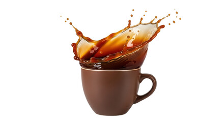 Splashing coffee cup with liquid pouring out isolated on transparent background