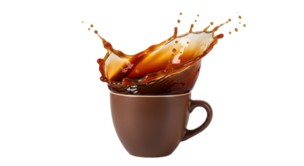 Splashing coffee cup with liquid pouring out isolated on transparent background