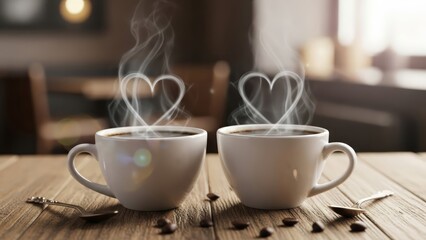 Two coffee cups with heart-shaped steam rising above them. A romantic scene, perfect for images about love, Valentine's Day, or cozy moments spent together. AI generated.
