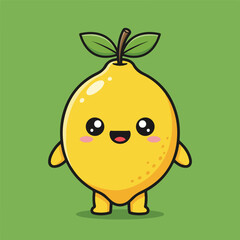 Obraz premium Cute Kawaii Cartoon Lemon Character with Happy Face Isolated on Green Background