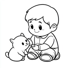 Cute illustration of a boy and his puppy dog, a perfect coloring page for kids.