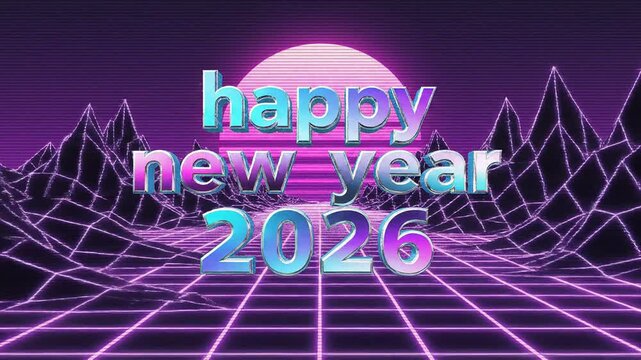 Happy new year 2026 retro vector animation video template featuring synthwave landscape purple glowing grid and eighties neon title ideal for social media and youtube promotion.