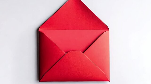 Open red envelope on a white background with a slow zoom. Mail for a special occasion or invitation. Valentine's Day and communication concept